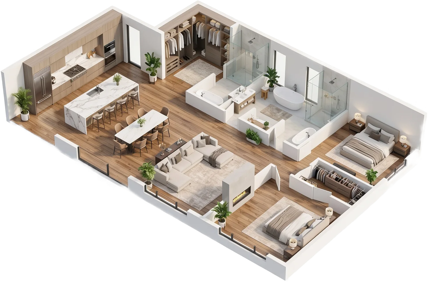 3D rendering of a finished, fully furnished custom home floor plan