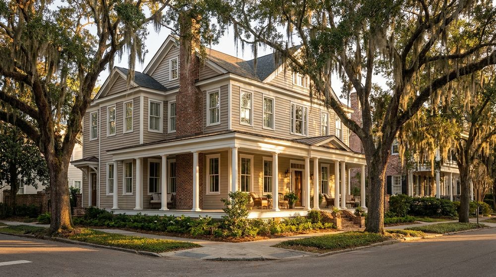 Restored historic Savannah home with a wraparound porch under live oaks